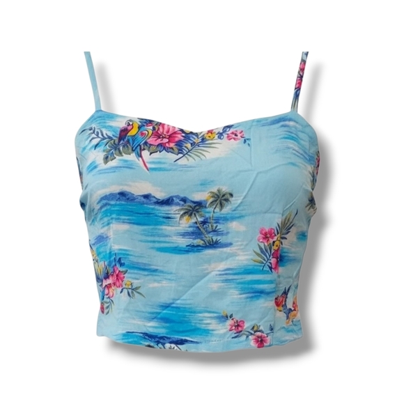 No Boundaries Tops - No Boundaries Juniors blue Hawaiian Tropical print Smocked Cropped top - medium
